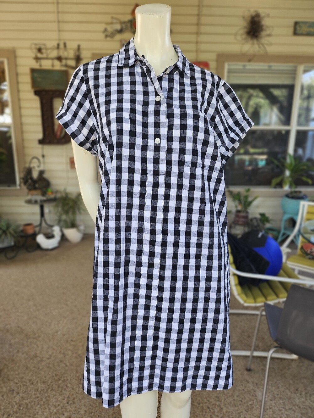 J.Crew Women's White & Black Plaid  Cotton Short Sleeve Midi Shirt Dress Size L